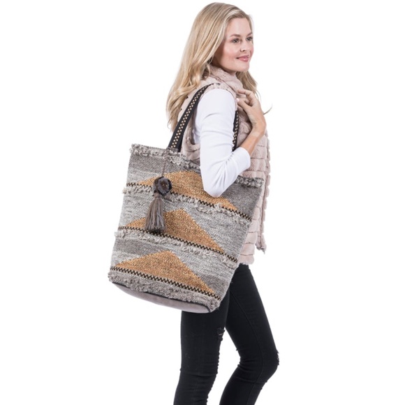 Brown & Gray Frayed Oversized Tote Shoulder Bag - Picture 2 of 2